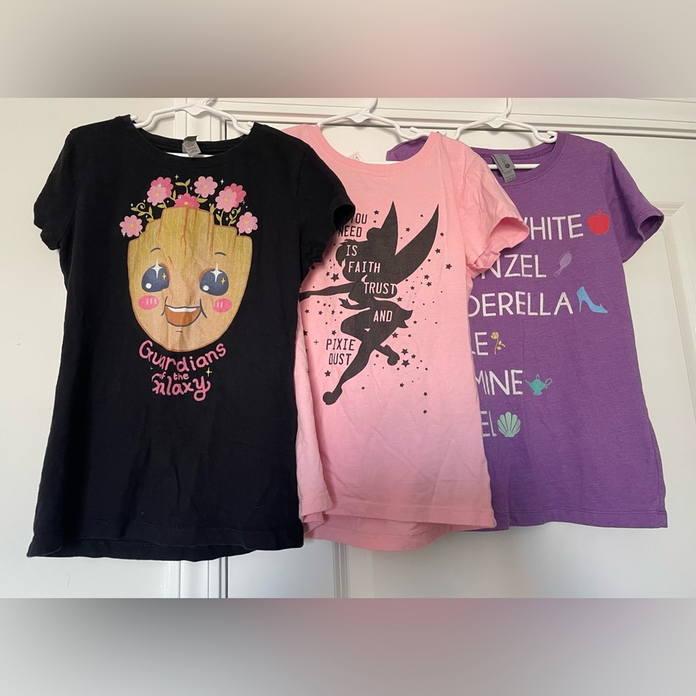 Girls Casual Tees Lot of 3 Girls Size L 10-12 Disney Princesses Fairy Groot